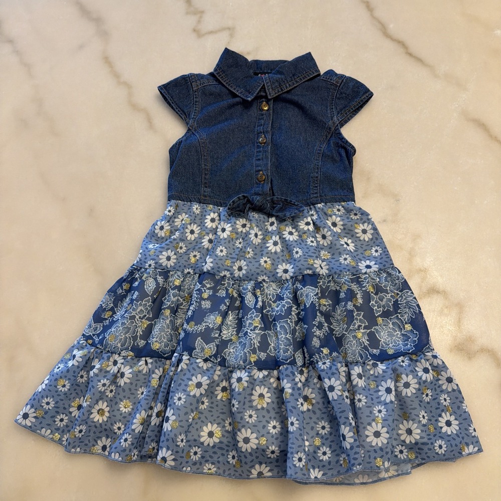 Lilt Toddler Girls Blue Denim A-Line Floral Dress with Cap Sleeves, Size 5T